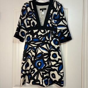 100% Silk Empire Waist 60s Japanese Inspired Sz 4 Nine West Deep V Blue Black